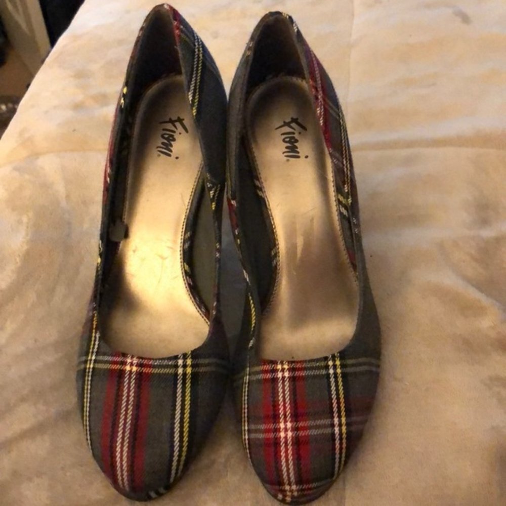 Gray, white, yellow and red plaid heels